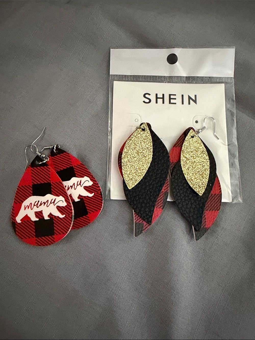 SHEIN Red Buffalo Plaid & Black Layered Leaf Dangle Earrings 2 pair
